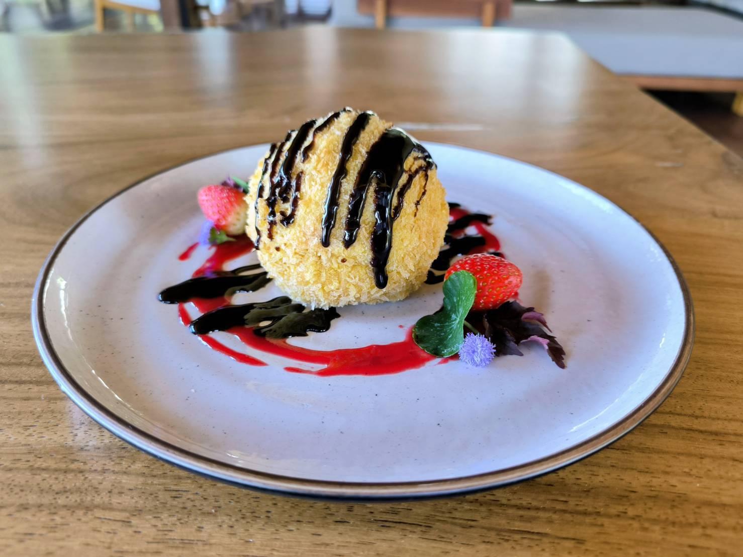 Fried Coconut Ice Cream with Chocolate and Raspberry Sauce